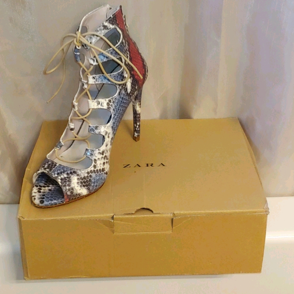 Snake skin print leather lace up Zara heel sandal